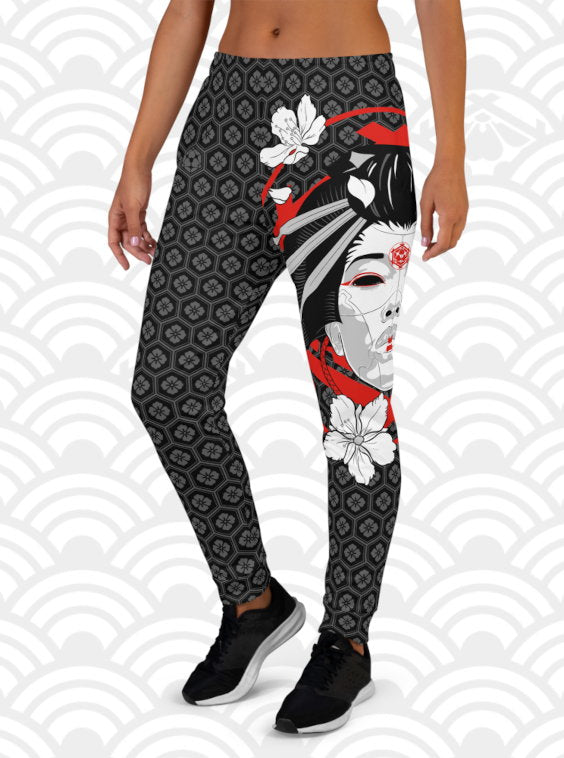 Ukiyo Streetwear Black Geisha Mask and Cherry Blossoms (Sakura) Print Women's Joggers