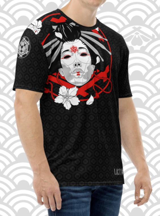 Ukiyo Streetwear Black Geisha Mask and Cherry Blossom Print T-Shirt