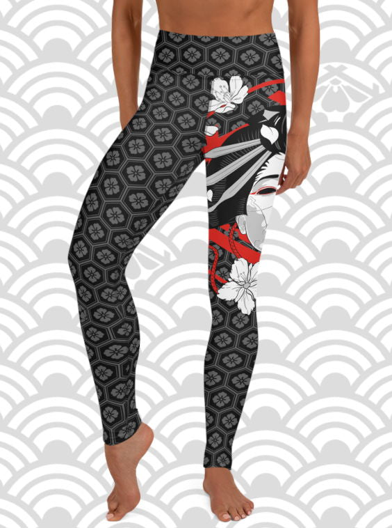 Ukiyo Streetwear Black Geisha Mask and Cherry Blossoms (Sakura) Print Women's Yoga Leggings