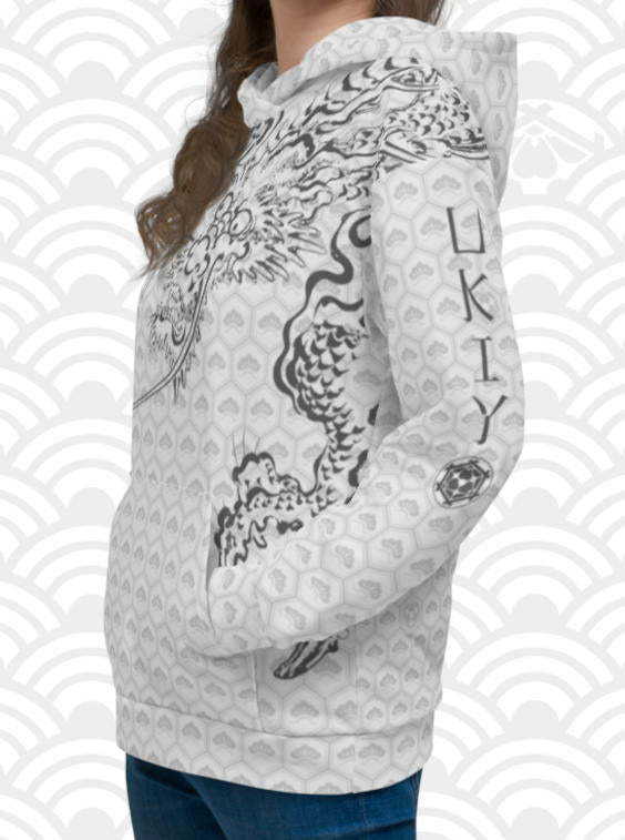 Ukiyo Streetwear Grey Dragon and Volcano Print Women's Hoodie