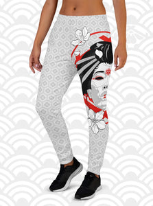 Ukiyo Streetwear Light Grey Geisha Mask and Cherry Blossoms (Sakura) Print Women's Joggers