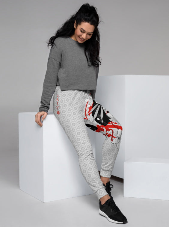 Ukiyo Streetwear Light Grey Geisha Mask and Cherry Blossoms (Sakura) Print Women's Joggers
