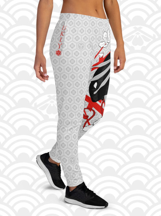 Ukiyo Streetwear Light Grey Geisha Mask and Cherry Blossoms (Sakura) Print Women's Joggers