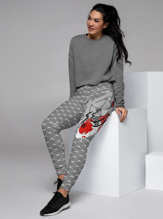 Ukiyo Streetwear Grey Koi Fish Seigaiha Print Joggers